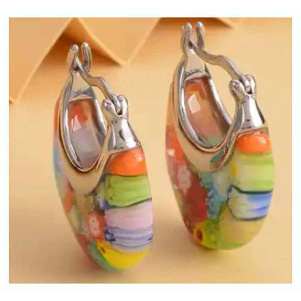 ITALIAN Murano Glass Earrings Floral Flower Silver Multi Colored NEW Colorful - Picture 4 of 8